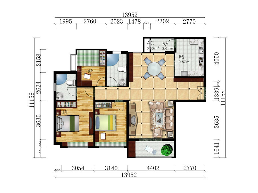 现代简约三室两厅150平米全屋定制效果图|方案 室内平面图2D